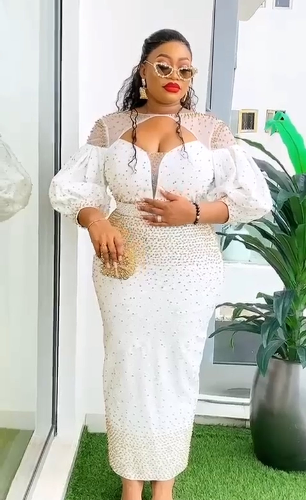 Beaded white Goldish Classy Dress