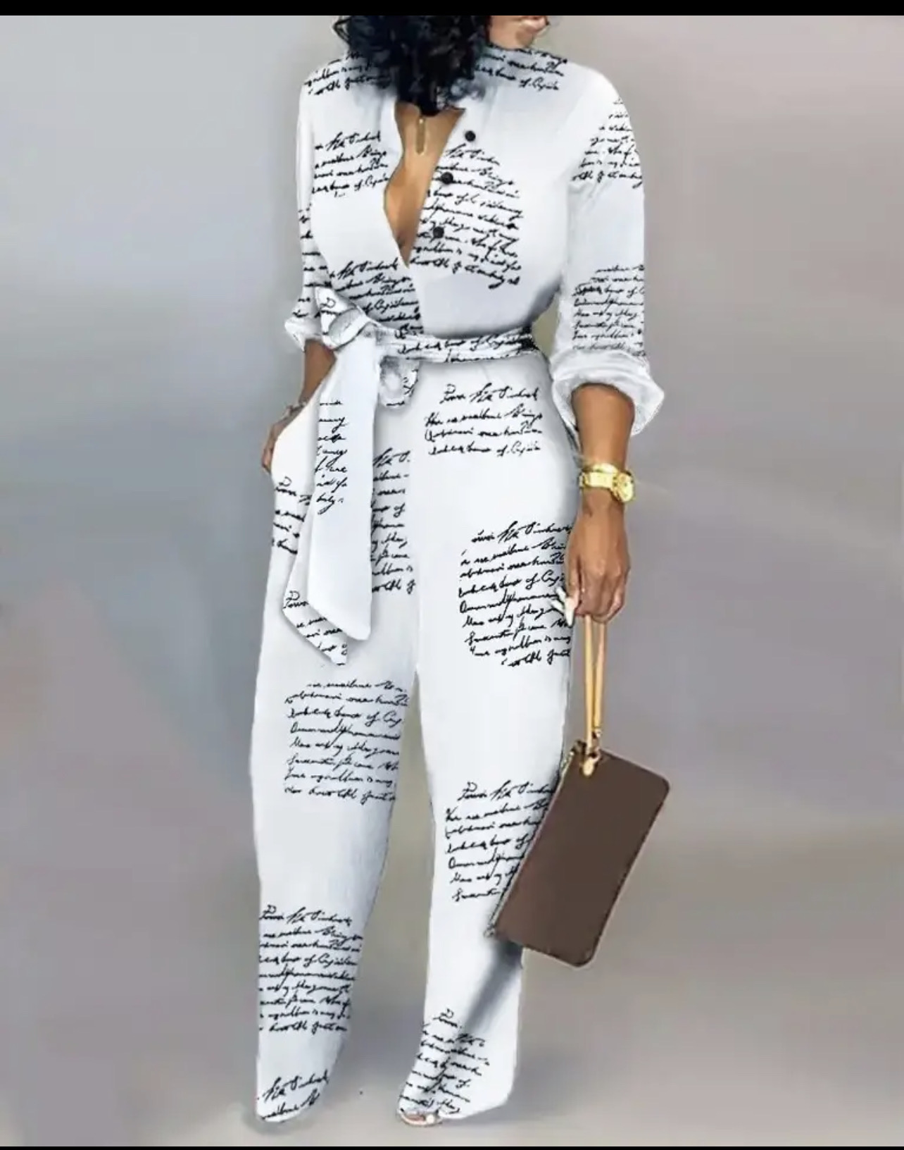Elegant Women Jumpsuit Abstract Print Button Casual Turn-Down Co