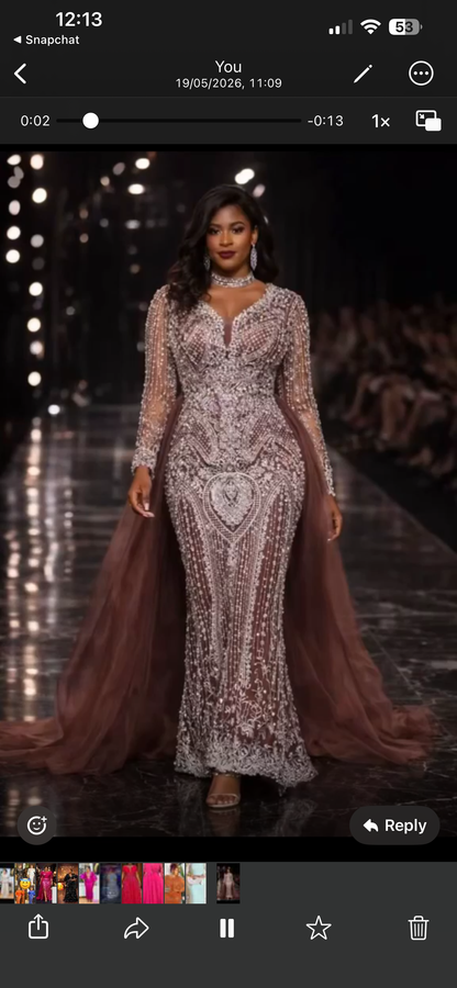 Beaded Diamond classic dress with tail