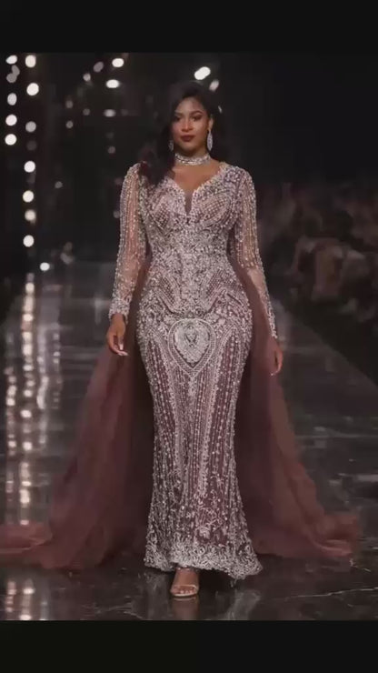 Beaded Diamond classic dress with tail